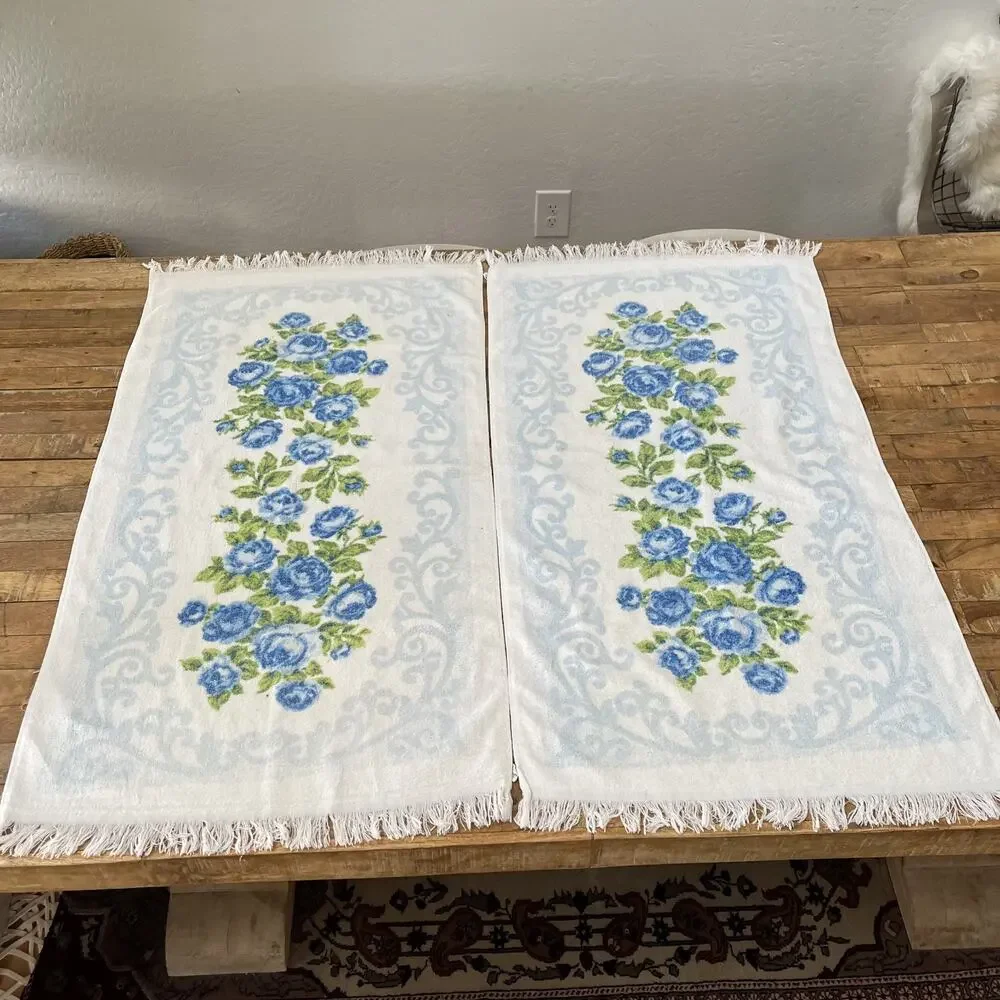 Vintage Cannon Monticello Blue Floral Hand Towels Fringe Edges Set of 2